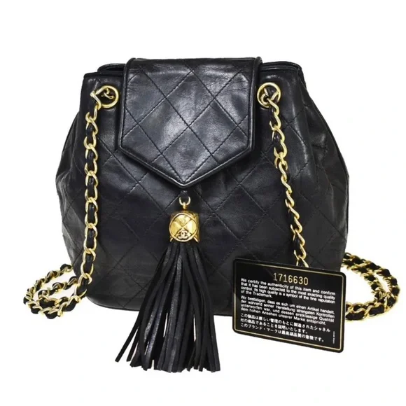 CHANEL CC MATELASSE Fringe Chain Shoulder Bag Leather Black Vintage - Picture 1 of 12